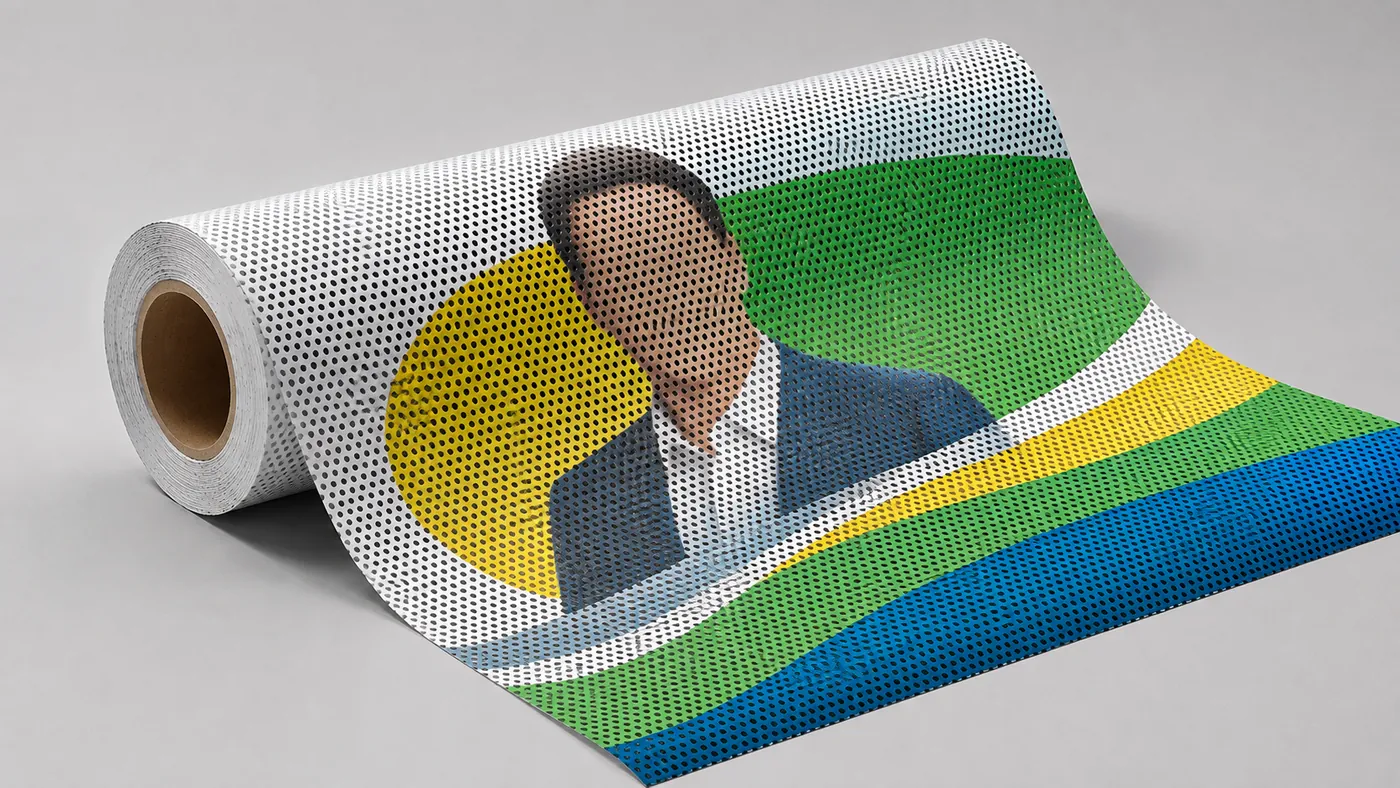 Rolo de adesivo vinil perfurado NICOMETAL com arte de campanha eleitoral impressa